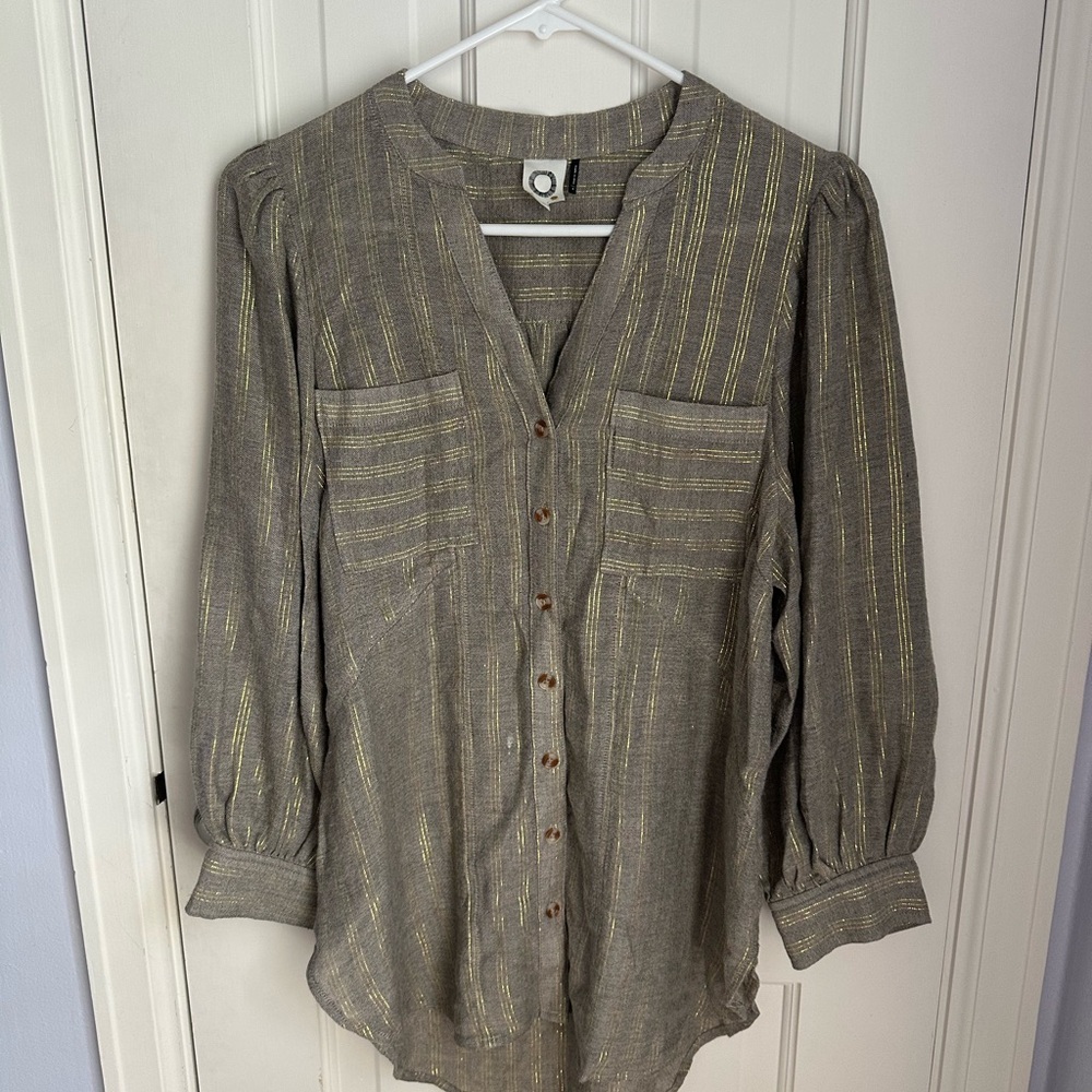 Akemi + Kin, tan with gold metallic stripe blouse